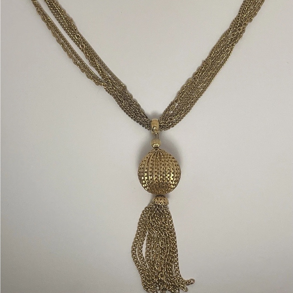 Vintage 6 Strand Gold Toned Globe Tassel 28 Inch Necklace